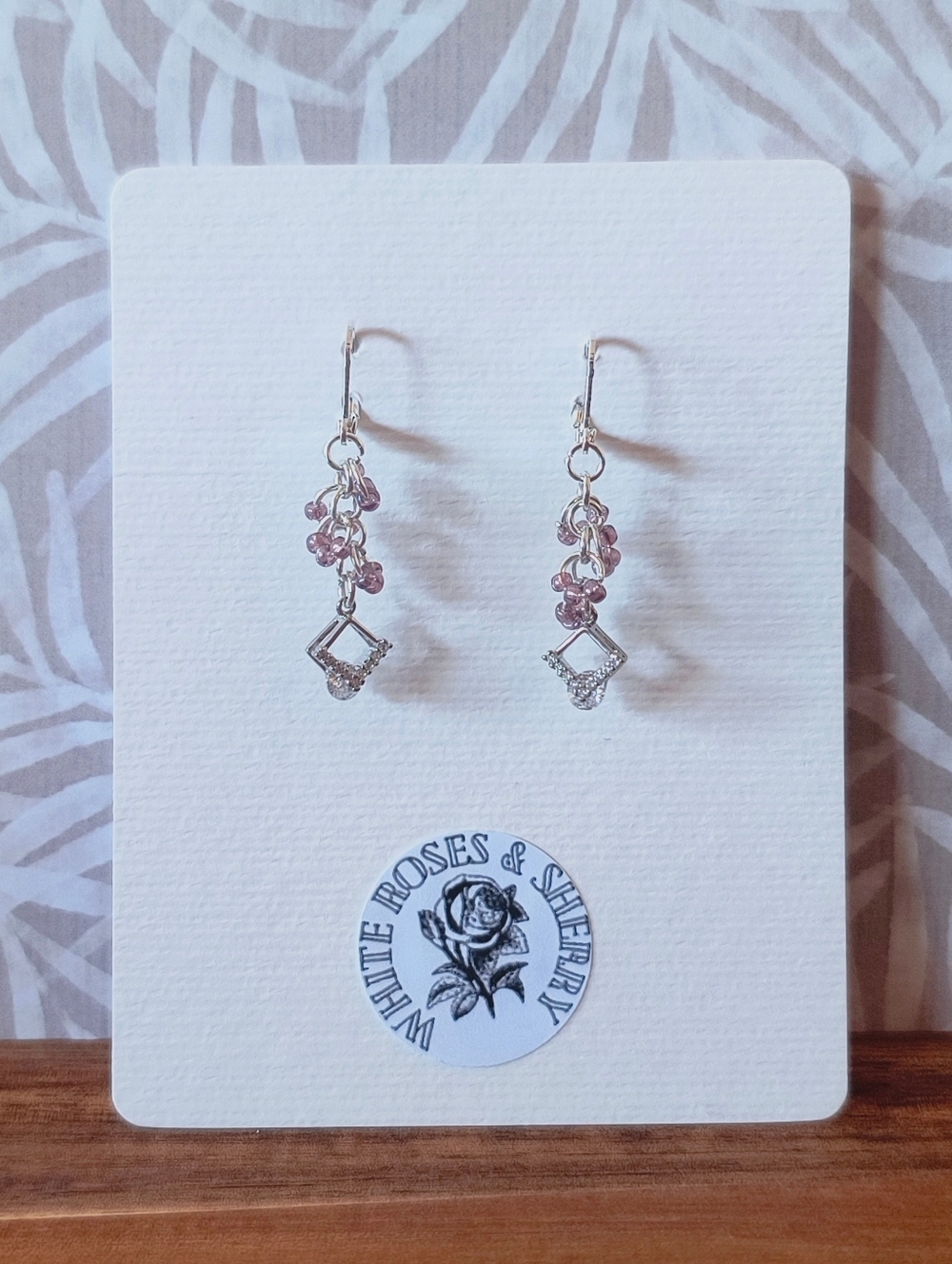 White Roses & Sherry OOAK Sterling Silver Plated CZ Drop Earrings